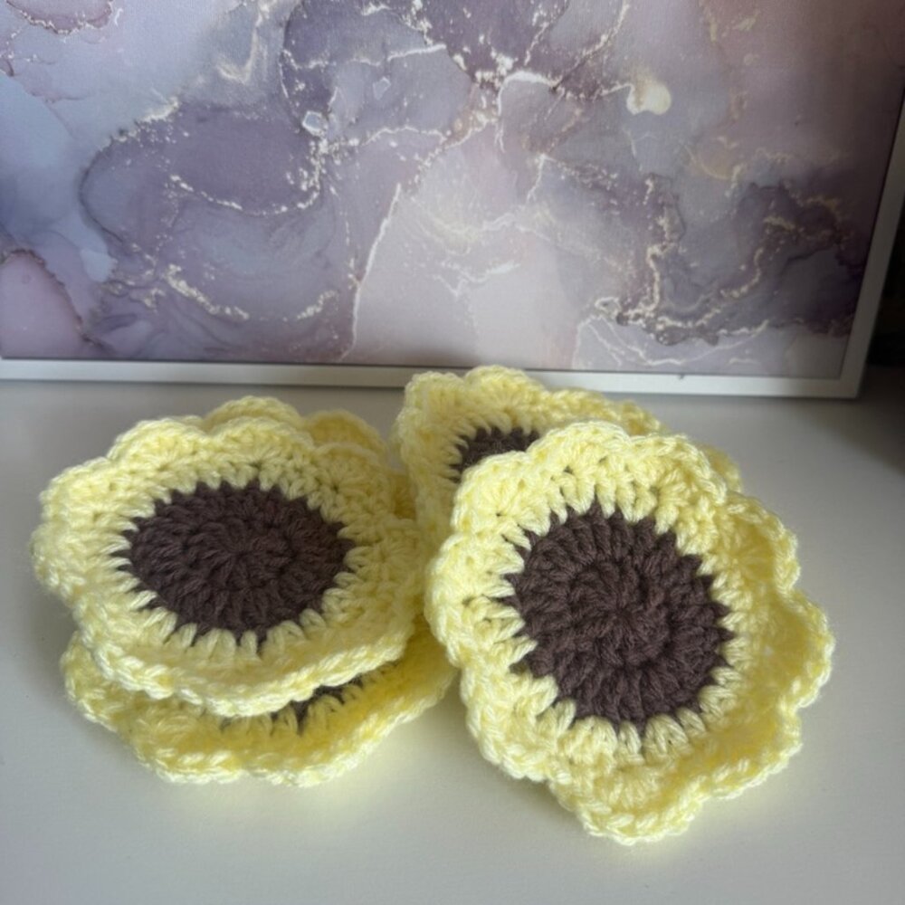 🌻 Handmade Crochet Sunflower Coasters – Set of 6 | Washable | Cottagecore Decor